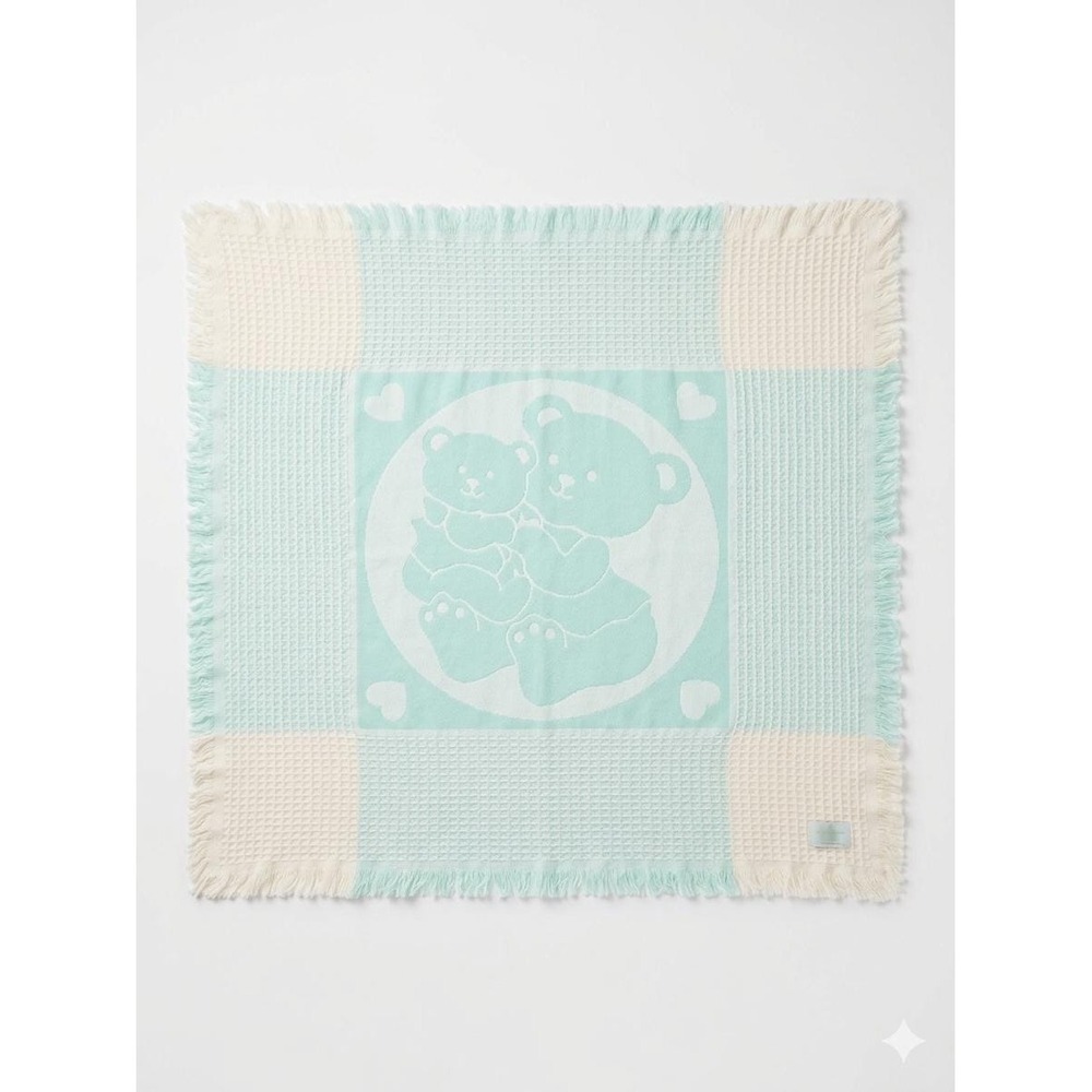 Vintage Kay-Bee Kids Acrylic Baby Blanket, Teal White Teddy Bears Fringe 40"x40"